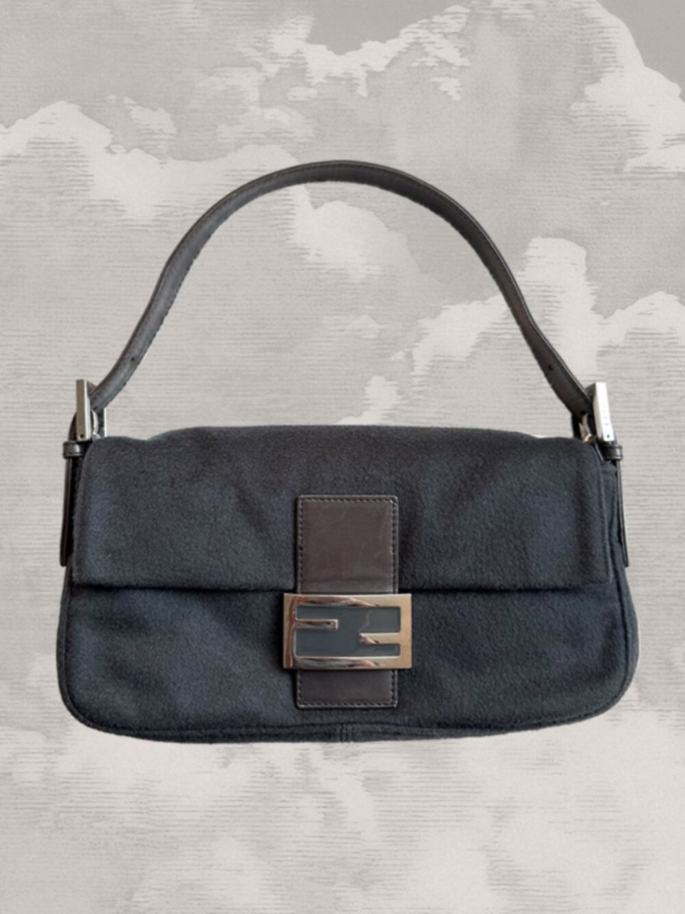 FENDI Baguette Black Cashmere Shoulder Bag Y2K Handbag Crossbody wool
